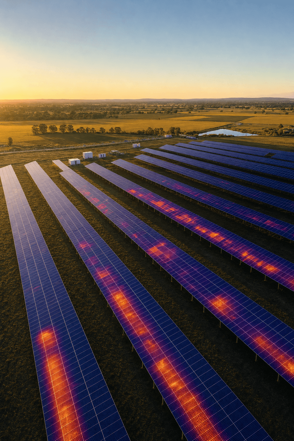 Aerial drone thermal imaging inspection over a solar farm in Queensland, Australia with heat signature overlay
