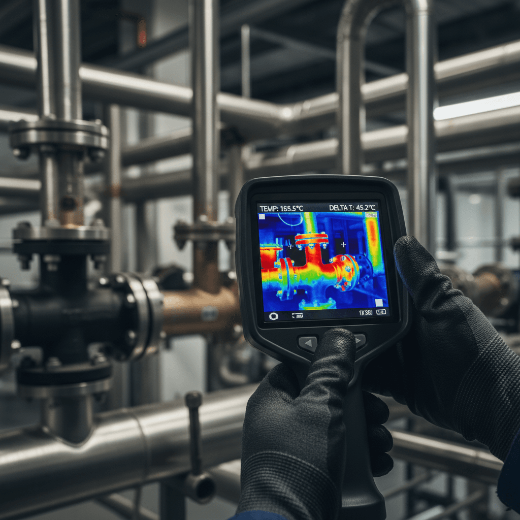 Technician using thermal imaging camera to inspect industrial pipe joints, showing temperature data on display