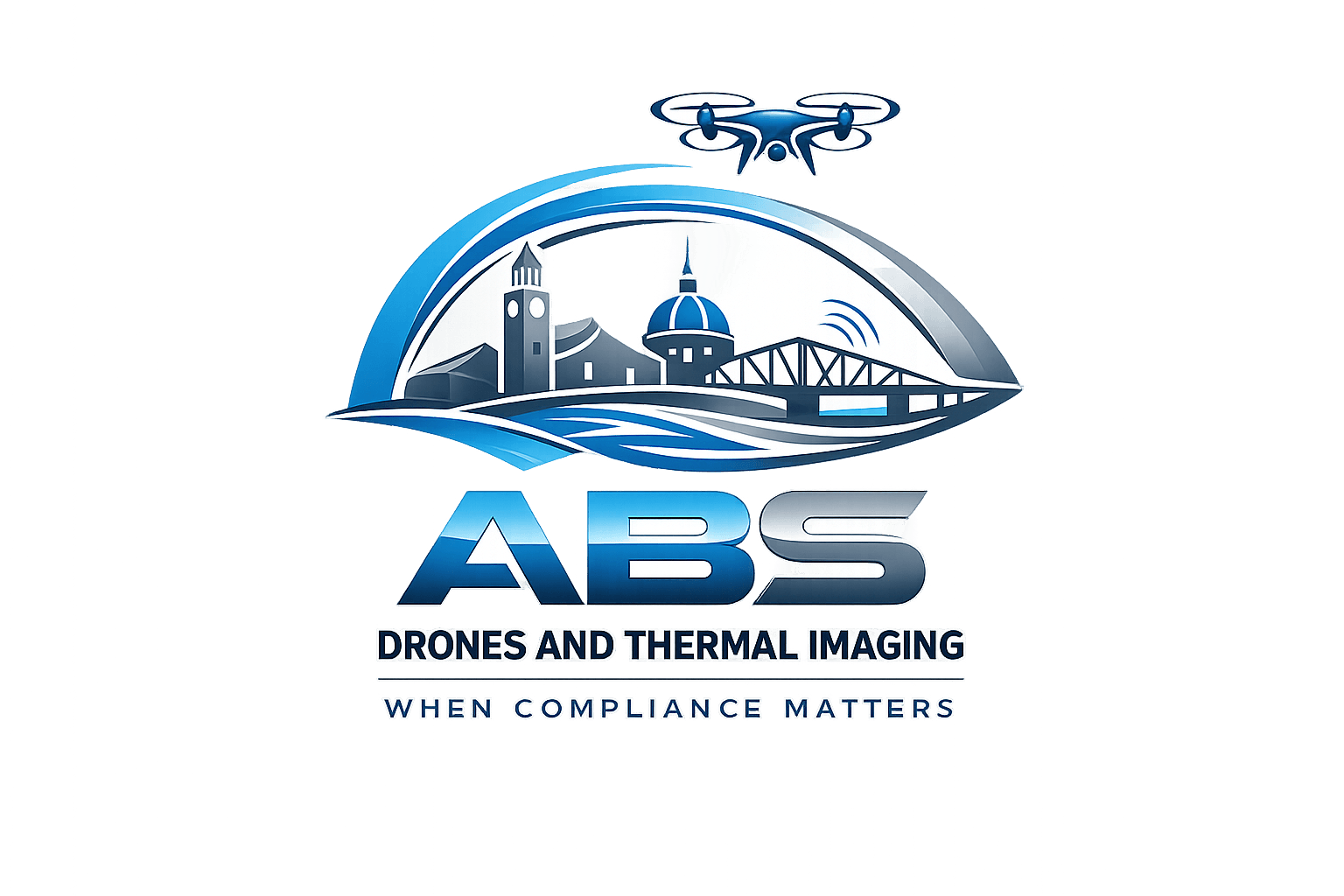 Blue ABS Drones and Thermal Imaging logo featuring a drone, city skyline, and bridge.