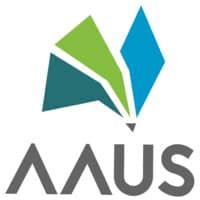 AAUS logo with teal, green, and blue geometric shapes forming Australia above grey text.